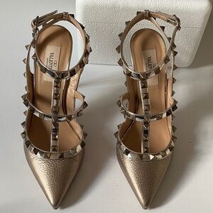 Valentino Garavani Metallic Gold Rockstud T-Strap Pointed Pumps